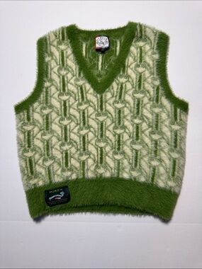 MUKZIN Green Cream Fuzzy Eyelash Knit V-Neck Sweater Vest Plushy Fabric Rare L